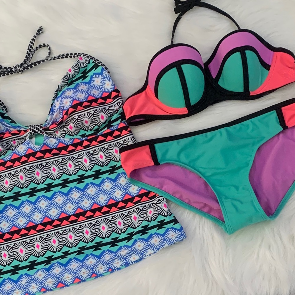 OP 3pc Color Block Bikini Tankini Swimsuit Bundle